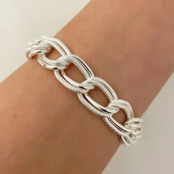 925 Sterling Silver Chunky Chain Link Toggle Bracelet Silver Statement Bracelet - Picture 7 of 8